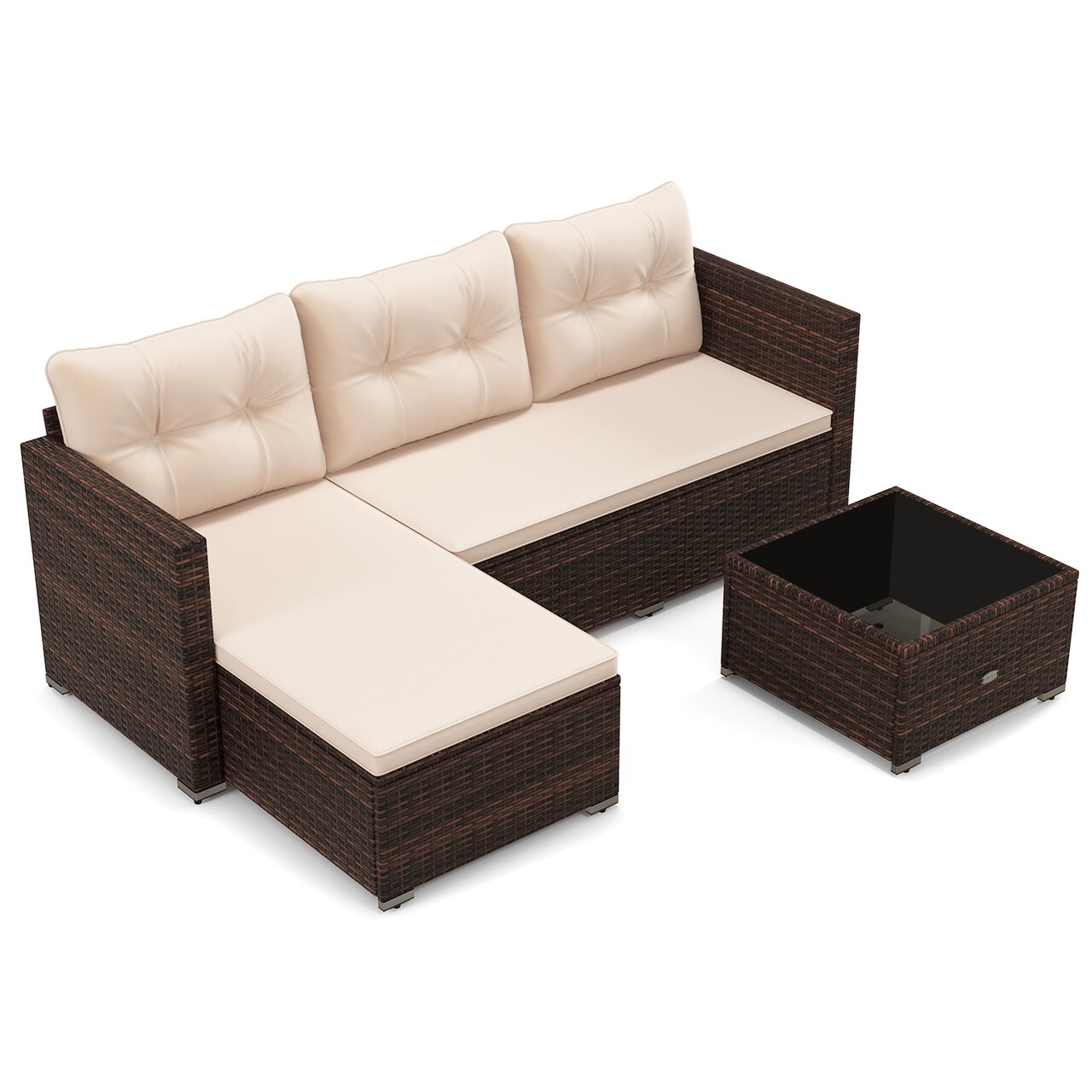 PE Rattan 2-Piece Sectional Sofa Set, Cushioned Seats and Glass Coffee Table